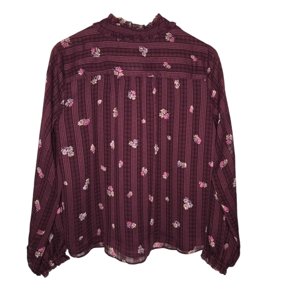 Ann Taylor Womens Burgundy Floral Ruffle Neck Shirred Chiffon Blouse Size Small - Picture 2 of 10